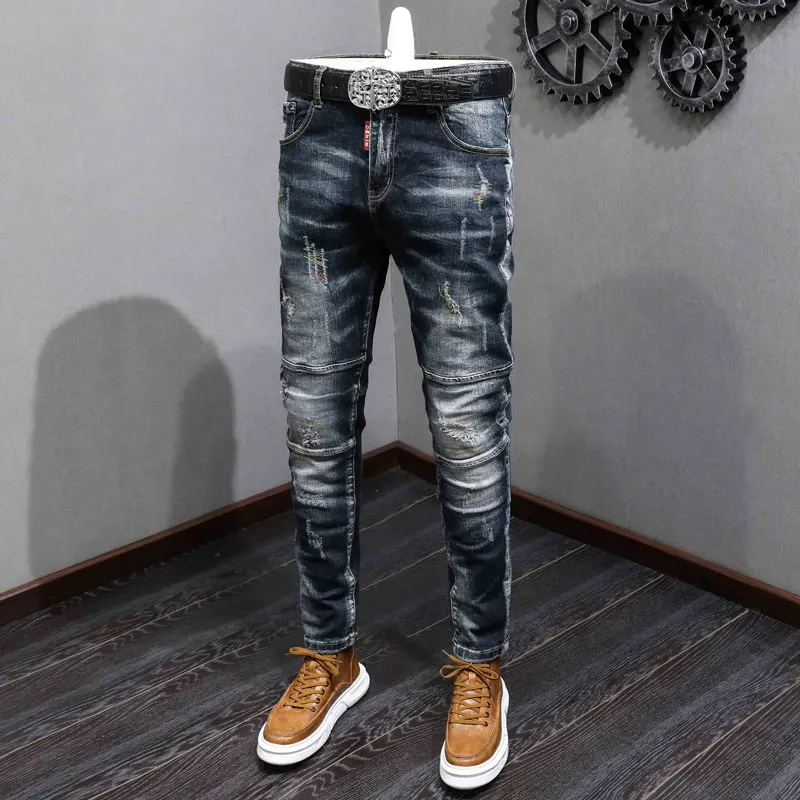 

Street Fashion Men Jeans Retro Blue Stretch Slim Fit Ripped Jeans Men Spliced Embroidery Designer Hip Hop Vintage Denim Pants