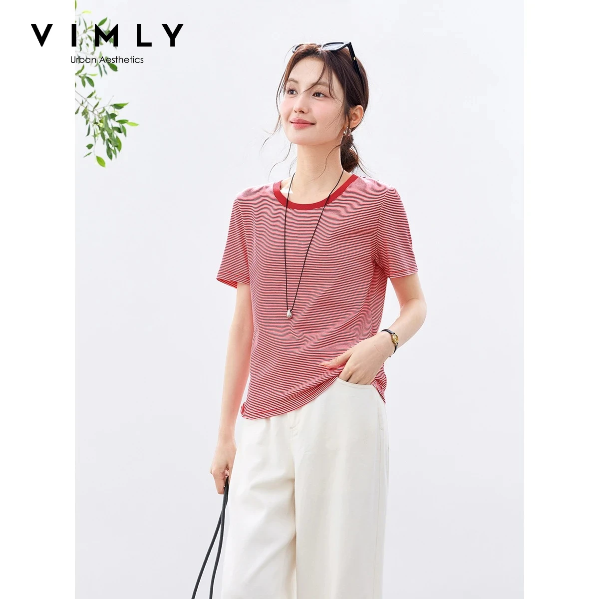 VIMLY Women Ribbed Crew Neck Striped Short Sleeve Knit T-Shirt 2026 Summer Contrast Color Casual Versatile Daily Top A6399