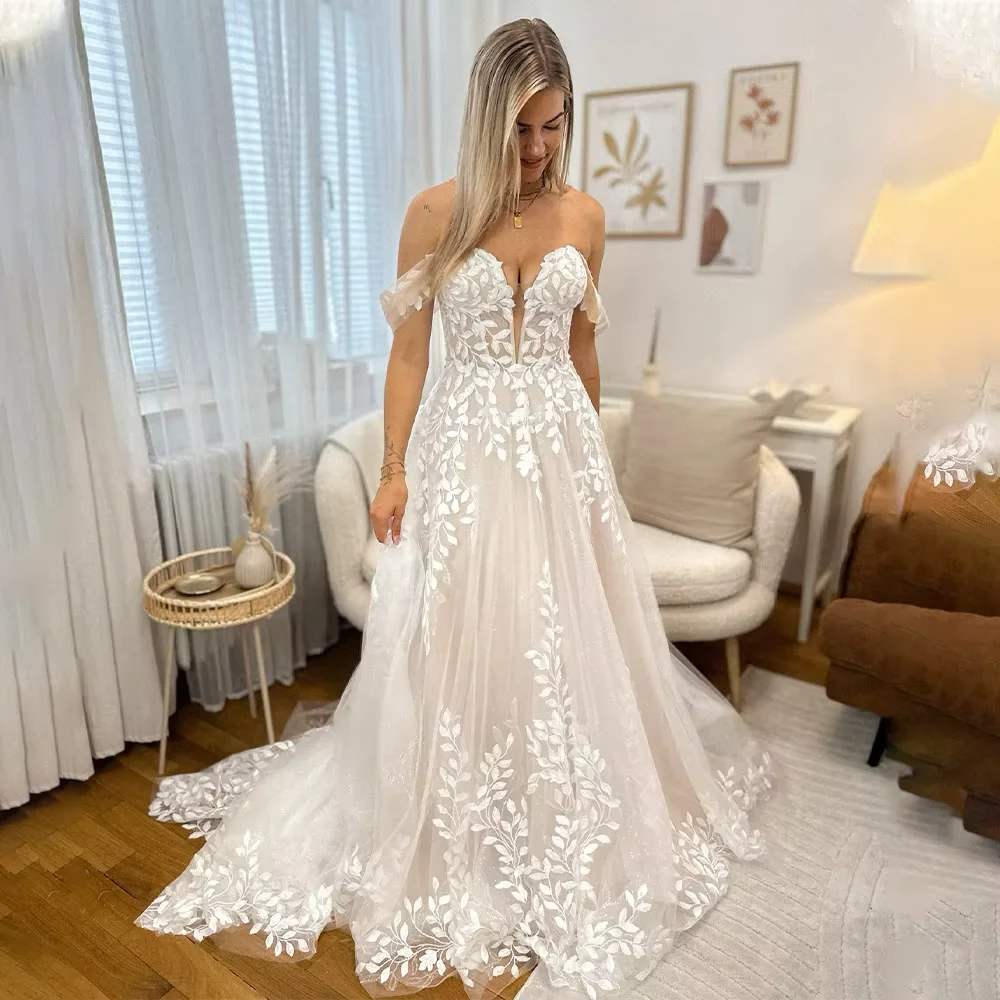 

Classic Leaf Appliques A-line Off Shoulder Sweep Train Long Wedding Dress Dresses Beach Bridal Gowns Vestido De Noiva