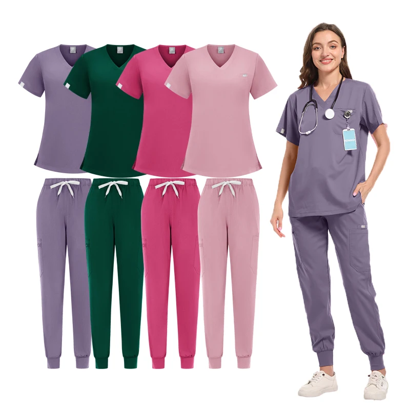 Vestuário de salão de beleza para mulheres, médico, clínico, bolsos, esfrega, tops, calças retas, spa, médico enfermagem, uniformes cirúrgicos