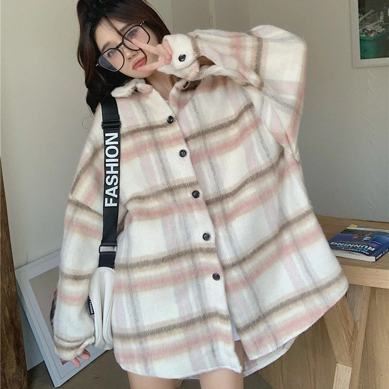 Padded Thick Woolen Shirt Women Harajuku Y2K Loose Lazy Plaid Striped Jacket Vintage Single-Breasted All-Match School Coat