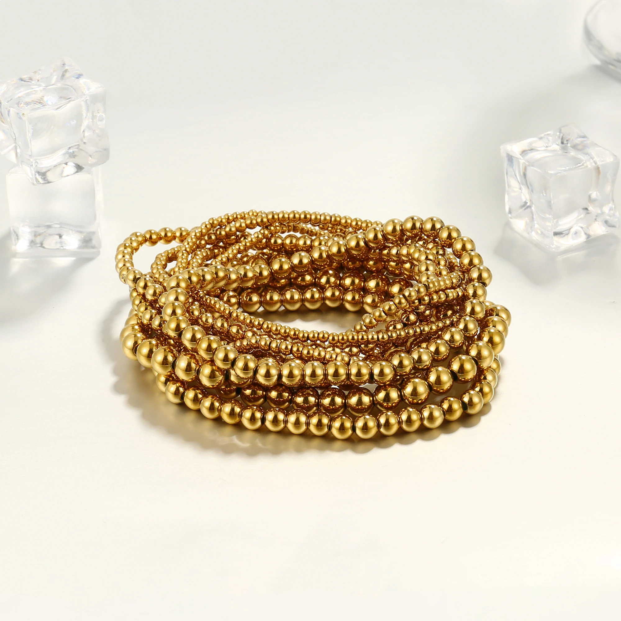 Badu Stainless Steel Gold Color Beaded Bracelet for Women Men 3/4/5/6 MM Ball Beads Stack Stretch Bracelet Waterproof Jewelry
