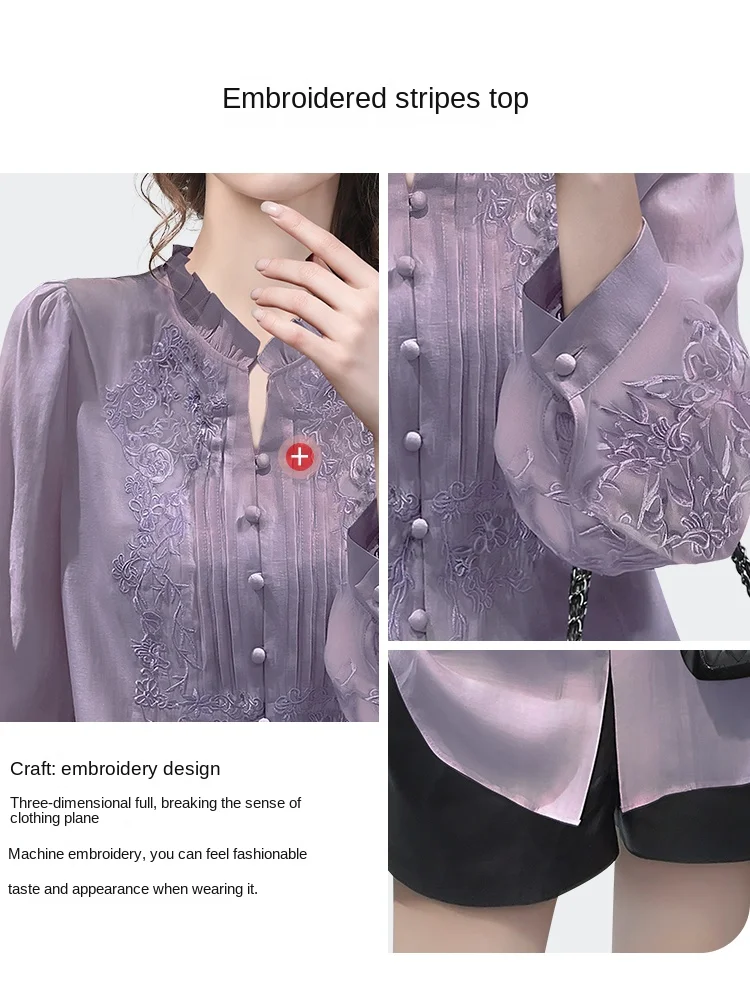 Loose Plus Size Purple Mid-length Women Satin Embroidery Top Lantern Sleeve Ruffled Collar Retro Button-down Shirts Lady Blouses