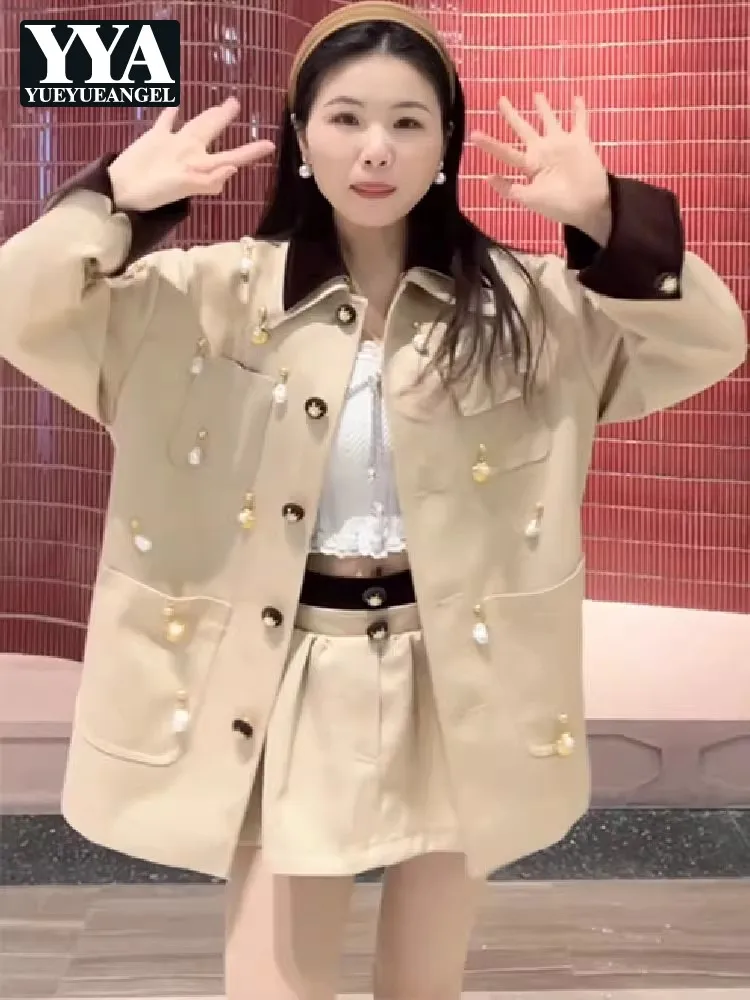 Female Autumn Casual Jacket Sets Beading Turndown Collar Spliced Multi Pocket Coat Two Piece Set Above Knee Mini Skirt Outfits