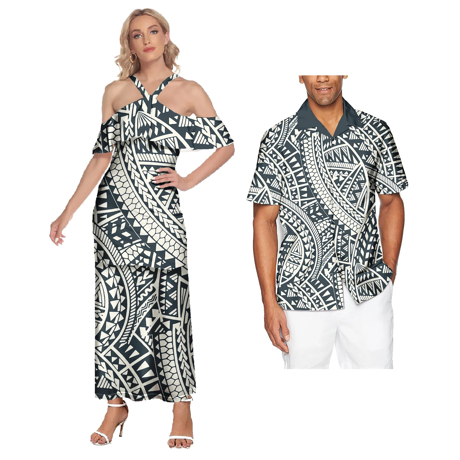 

New Arrival couple outfit sets For valentine's day Polynesian Pattern Women Club Dress Sexy Match Men Shirts Aloha