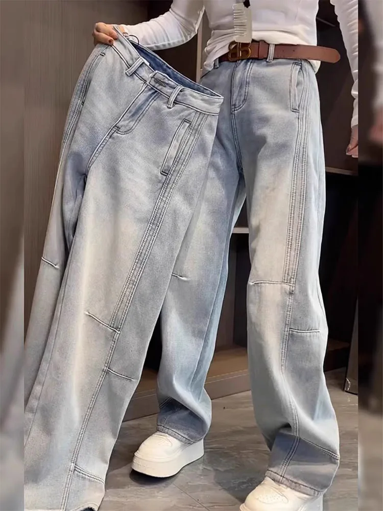High Waist Wide Leg Jeans Women's Straight Cut Denim Pants Spring plus Size Loose Fitting Pear Shape Body Slimming Trousers