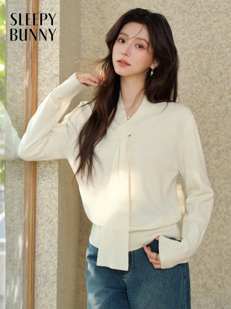 

Women French Style Knitwear V-neck Ribbon Spring Layering Slim Fit Top Pullover Lady Elegant Casual Commuter Soft Knit Sweater