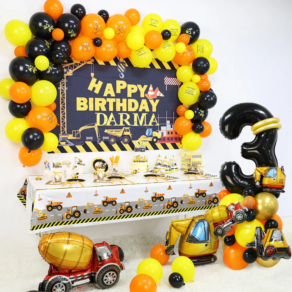 28-teiliges Set Baustellen-Thema 32-Zoll-Zahlen-LKW-Bagger-Turm mit schwarzen Ballons für Geburtstagsfeier-Dekorationen und Geschenke