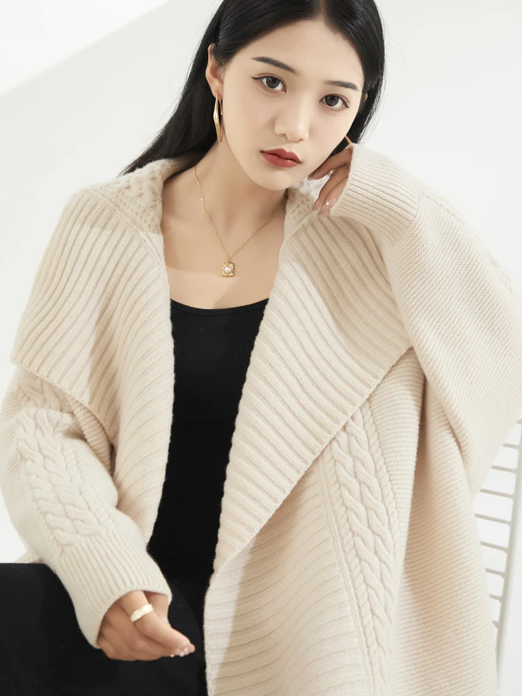 CAIXINGLE 2023 Large Lapel Women\'s Coat Pure Wool Knit Cardigan Long Beige Elegant All-Match Women\'s Coat Loose and Comfortable