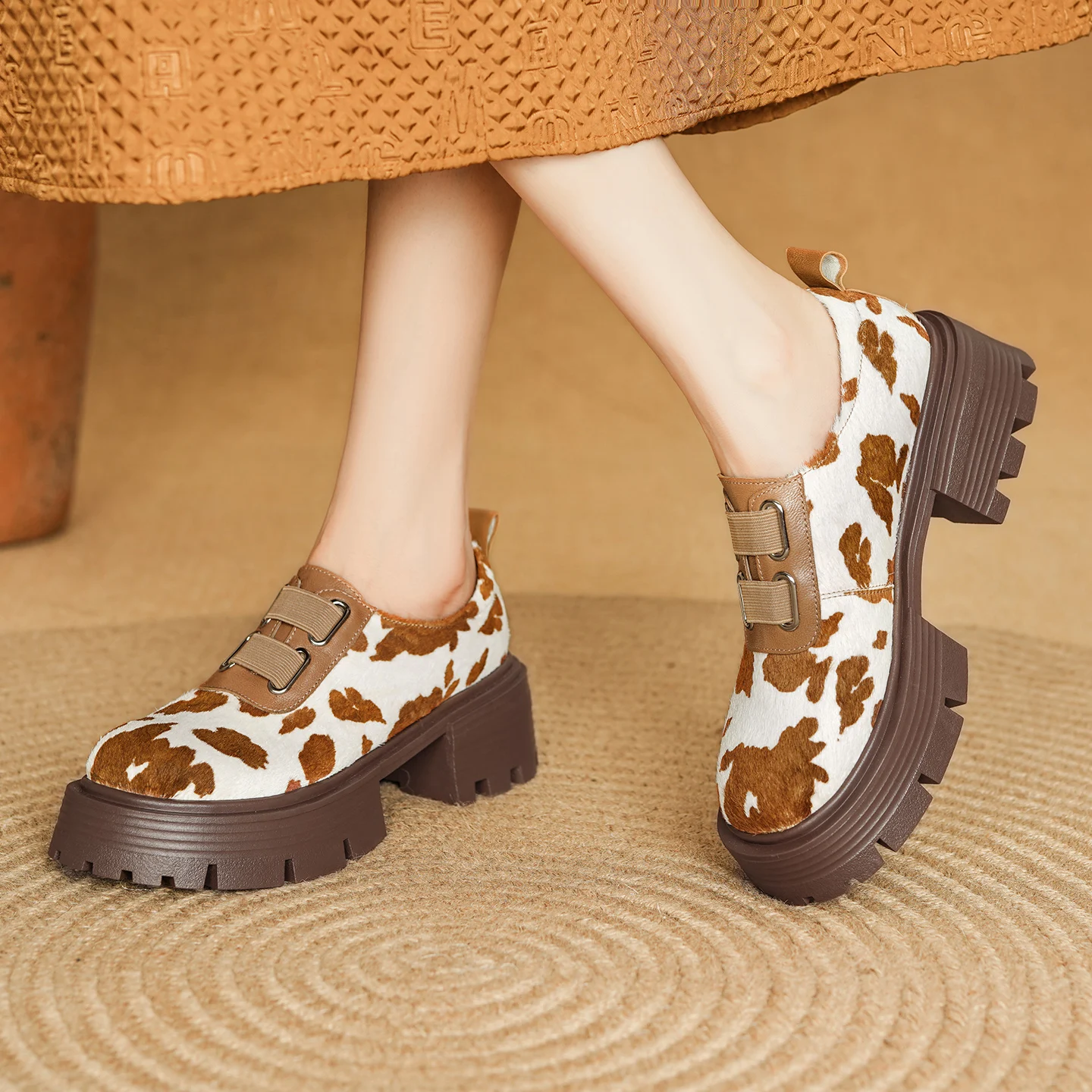 

Handmade Genuine Leather Horsehair Platform Heel women's Loafers Chunky Round Toe Slip On Fashion sneaker Casual Women Shoes