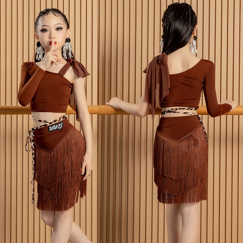 

Бальный латинский коричневый топ с леопардовым принтом, юбка для девочек, американский танец, румба, ча-ча, самба, танго, костюм для соревнований, практика детей