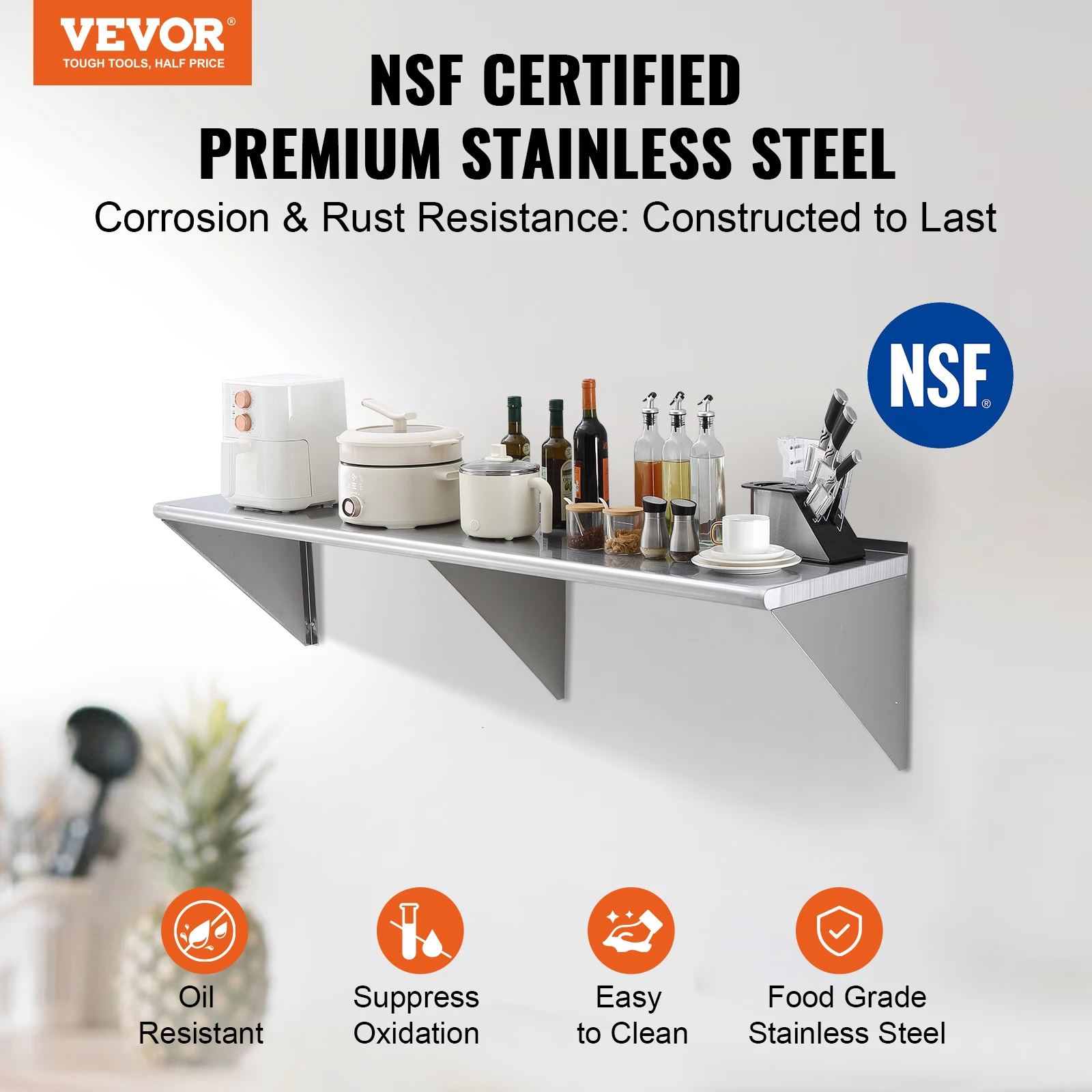 VEVOR 315/500lbs Stainless Steel Shelf Wall Mounted Floating Shelving W/Brackets Commercial Shelves for Kitchen Garage Home