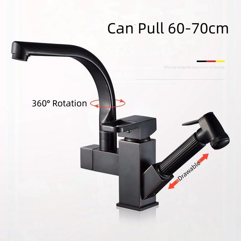 360° Rotating Stainless Steel Pull Out Kitchen Faucet Hot Cold Water Mixer Tap With High Pressure Sprayer