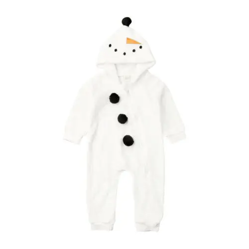 Toddler Baby Boy Girl Christmas Snowman Fleece Romper Winter Long Sleeve Zipper Hooded Jumpsuit Costume Xmas Clothes