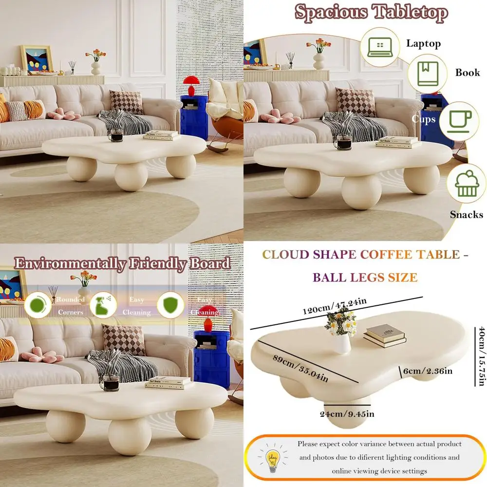 irregular cloud coffee table with 3 stable durable ball legs asymmetrical chic low center table - spacious table for cups snacks