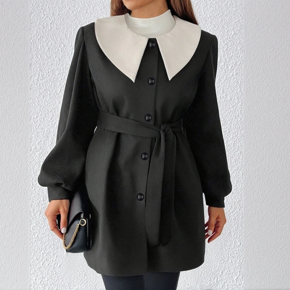 

Women's Elegant Fashion Coat Autumn Winter Buttoned Lapel Long Sleeve Doll Collar Commute Windbreaker Style