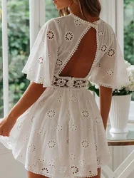 Concerky-Robe Éducative en Coton et Dentelle Blanche pour Femme, Manches Évasées, Décontractée, Taille Haute, Courte, Dos aux, Ajourée, Été