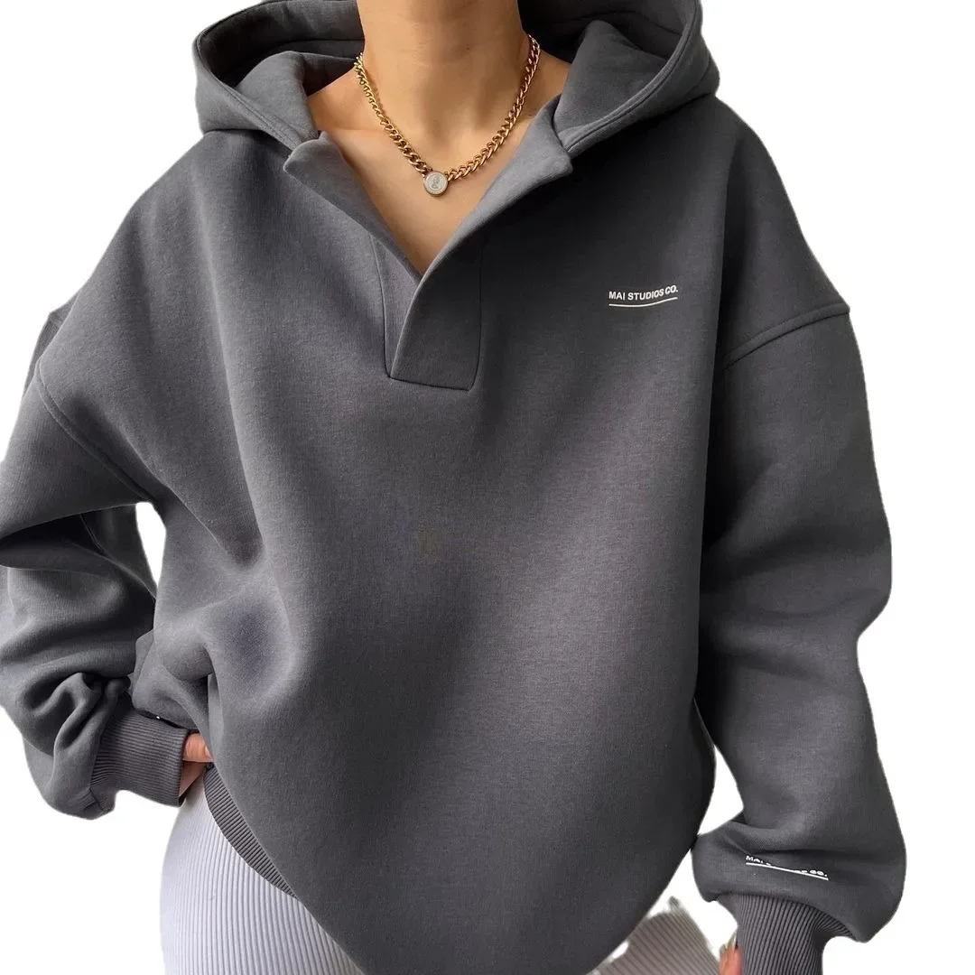 2024 New Fleece-Lined Hooded Printing Long Sleeve Sweatshirt Versatile V-Neck Fleece Sweater Amazon Basics Style