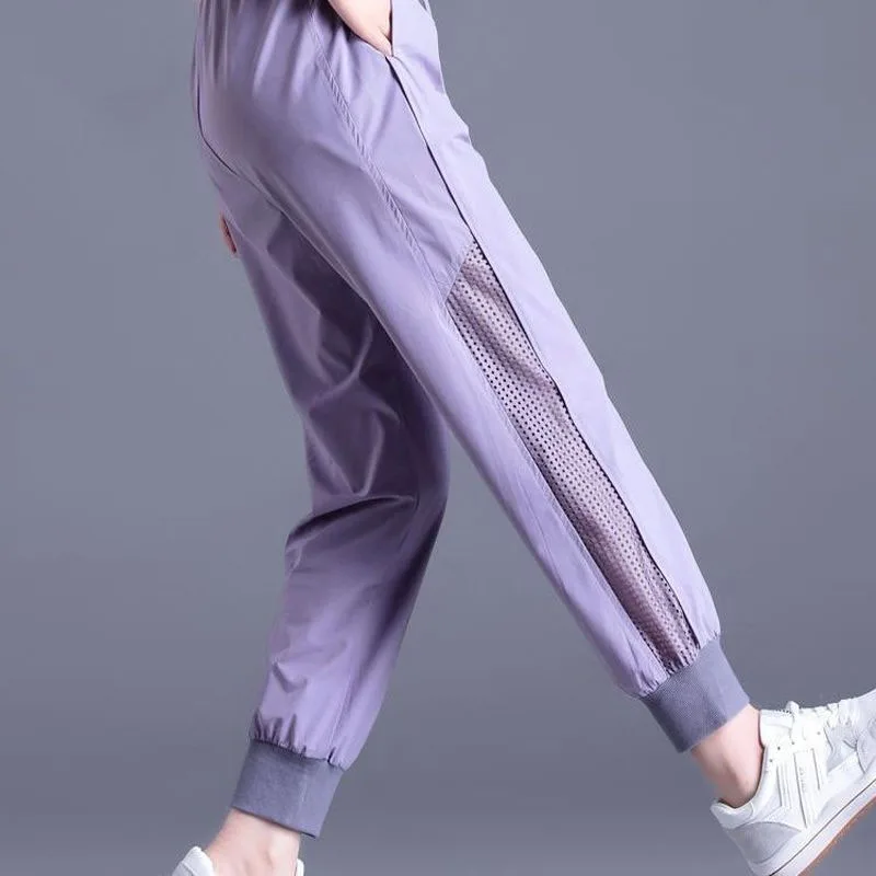 

Female Solid Color Fashion Elastic Drawstring Sports Pants Simplicity Casual Hollow Out Cropped Pants Summer Women's Clothing