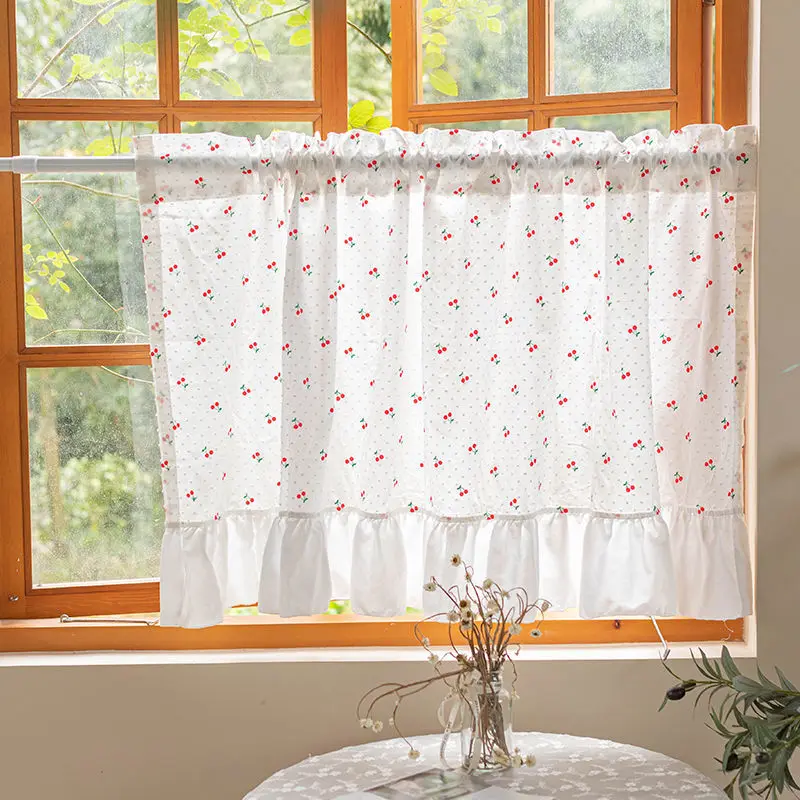 Pastoral Strawberry Printed Short Curtains for Kitchen and Bathroom Door, White Yarn Sheer Curtain, Finished Window Valance