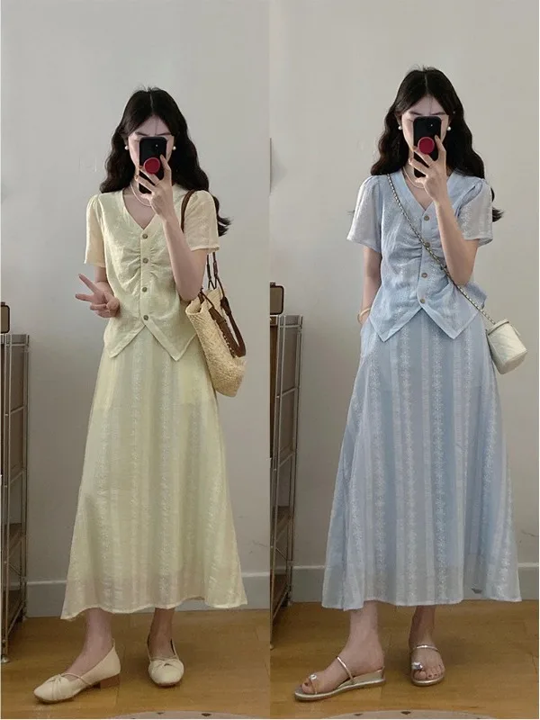 

plus Size Loose Fashion Summer Outfit V-Neck Embroidered Asymmetrical Midi Skirt Set Women's Korean Style Straight Cut Short ...