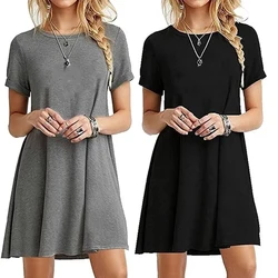 Fashion Retro Round Neck Short Sleeve Summer Beach Dress Ladies Elegant Dress Loose Ladies Dress