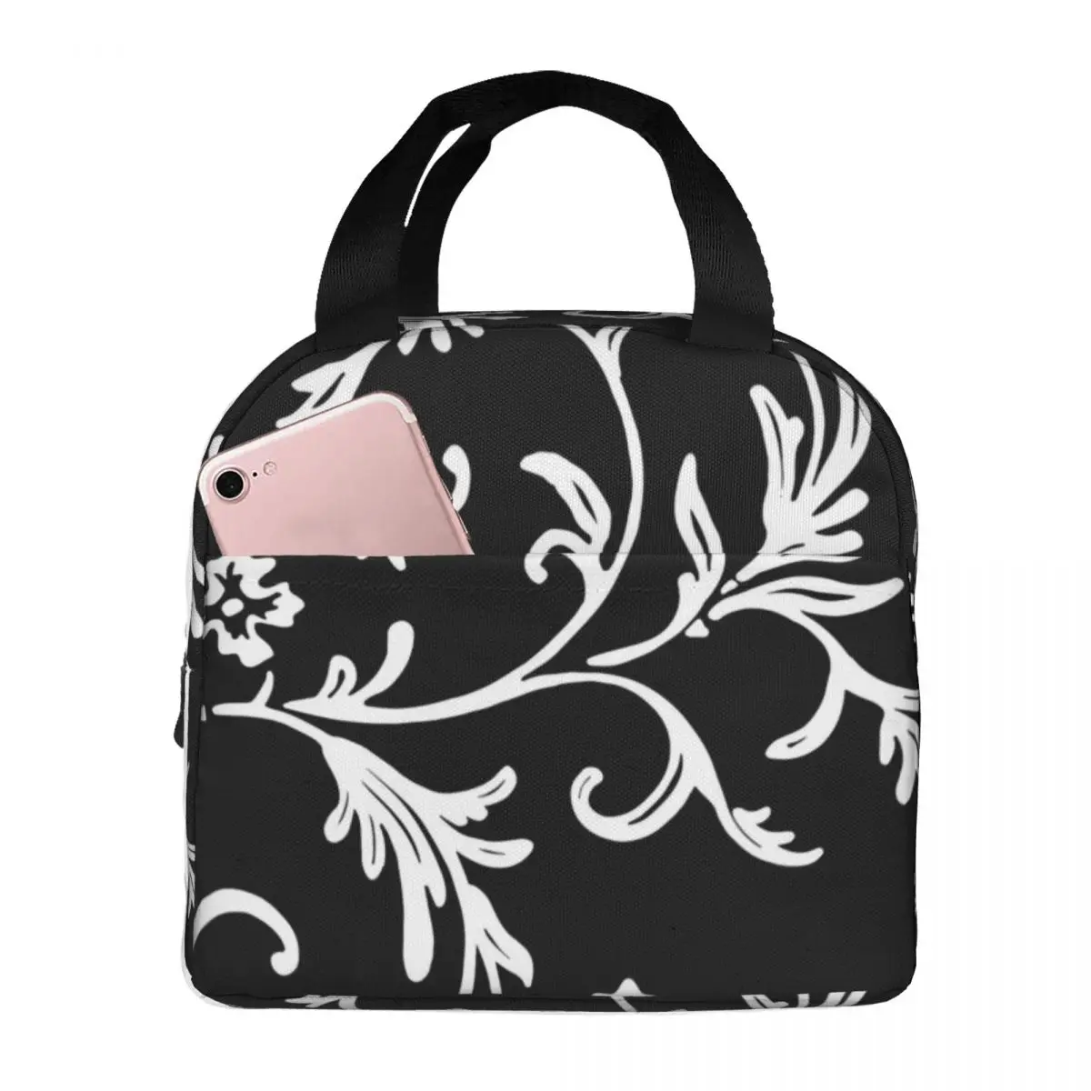 

Elegant Black And White Floral Lunch Bag Portable Insulated Canvas Cooler Thermal Food Picnic Lunch Box for Women Kids