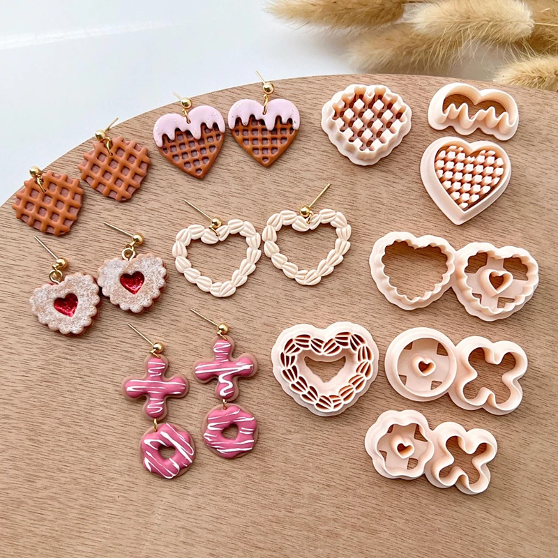 Valentines Cookie Waffle Heart Polymer Clay Cutters Lovely XOXO Donut Biscuits Shaped Pottery Dangle Clay Earrings Cutting Tools