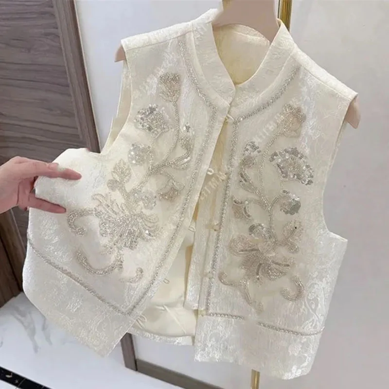 الراقية فام التطريز سترة أبلى الربيع الصيف النساء بلون صدرية معطف السيدات مسمار حبة بريق جاكيت بلا إكمام