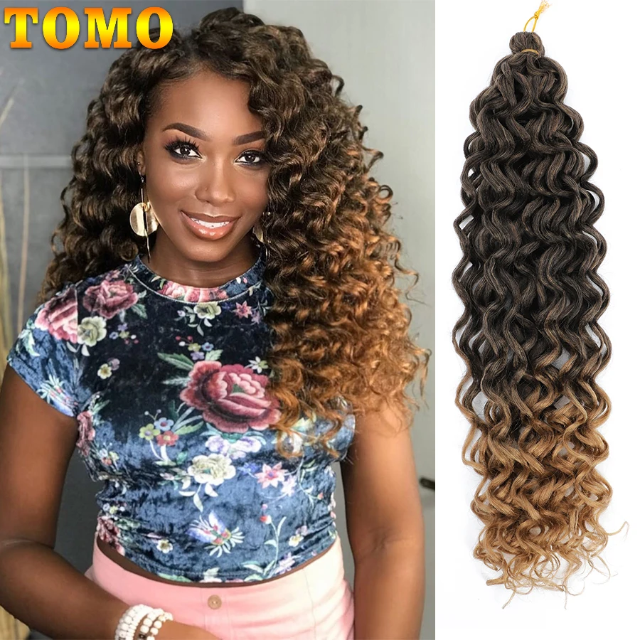 TOMO Long Deep Wave Crochet Synthetic Hair Extensions 18/24Inch Natural Ocean Wave Curly Crochet Braing Hair Brown Blonde