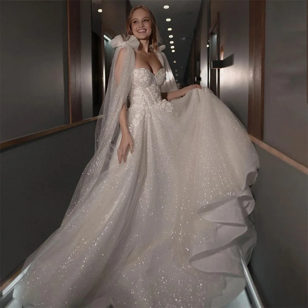 Bohemia Glitter Lace Wedding Dresses Sweetheart Appliques A-Line Shiny Backless Bridal Gowns Bow Ribbons Straps Bride Gown