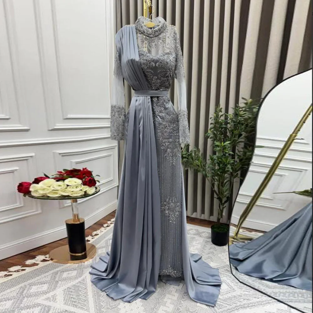 

Customized Middle East Evening Dresses 2025 Sheer Sleeve Bead Formal Gown Lace Appliques A Line Arabic Dubai Evening Gowns