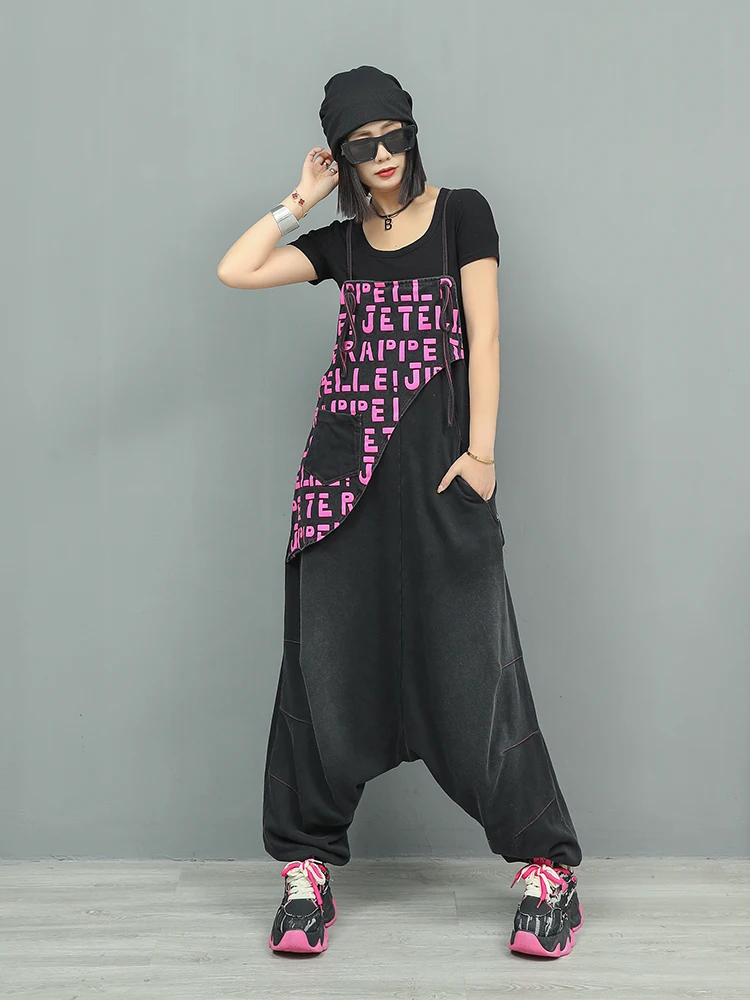 

Spring And Autumn Personalized Vintage Printed Denim Patchwork Sleeveless Overalls Women's Loose Blocking Suspender Jumpsuit
