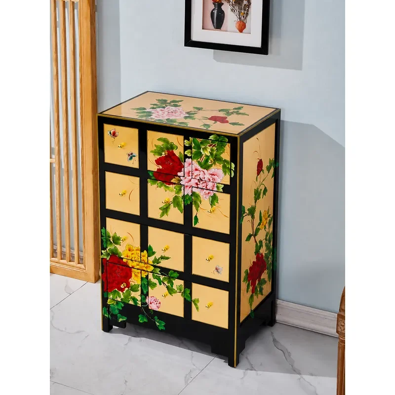 Chinese Painted Furniture Clearance Drawer Cabinet Storage Side Table Bedroom Bedside Nightstand Vintage Gold Foil Accent