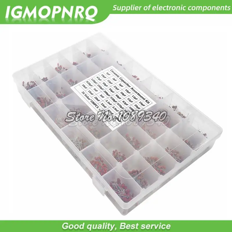 3600PCS/lot 1PF-100nF Ceramic Capacitor Assortment Kit 10PF 22PF 33PF 47PF 100PF 330PF 470PF 1NF 10NF 47NF 50V Capacitors set