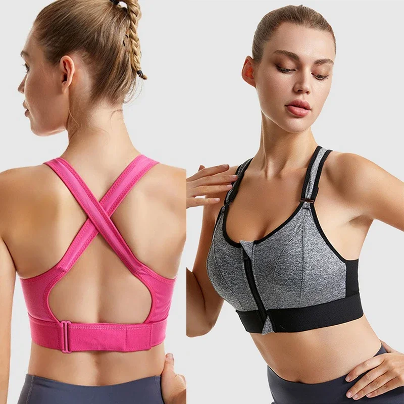 Aiithuug Sexy Zip Front Closure Strappy Criss Cross Yoga Bra Women's Padded Shockproof Gathered Seamless Wireless Sport Gym Bras