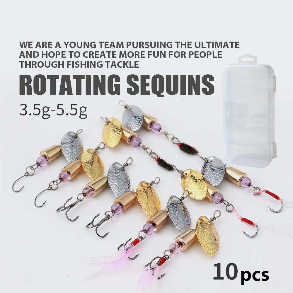 

10pcs/box Rotating Spinner Fishing Lure Whirling Sequin Set 3.5g/5.5g Spoon Metal VIB Wobblers Bass Trout Pesca Fishing Tackle