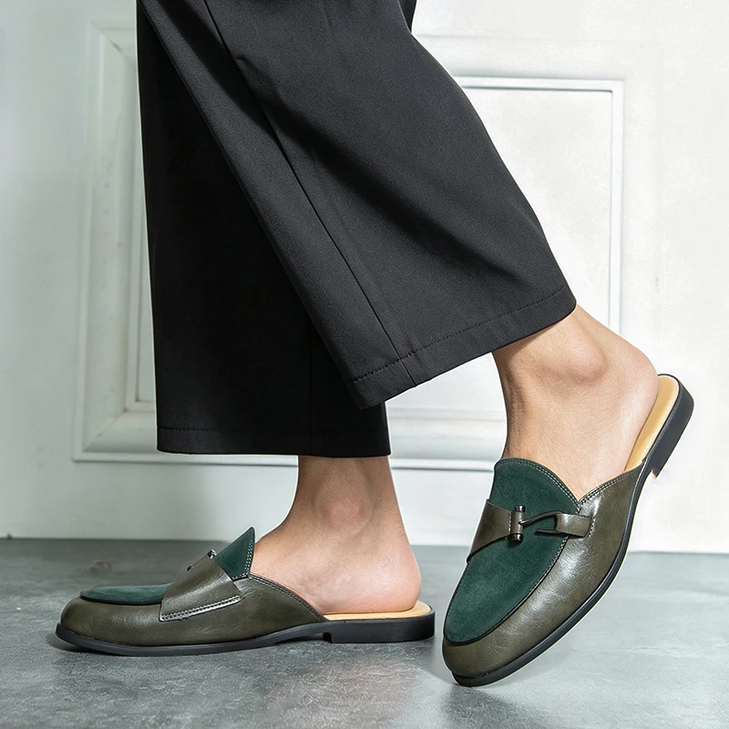 Big Size 46 Mules Men's Leather Half Slippers Slide Sandals Open-back Loafers Male Casual Shoes Breathable Backless Moccasins