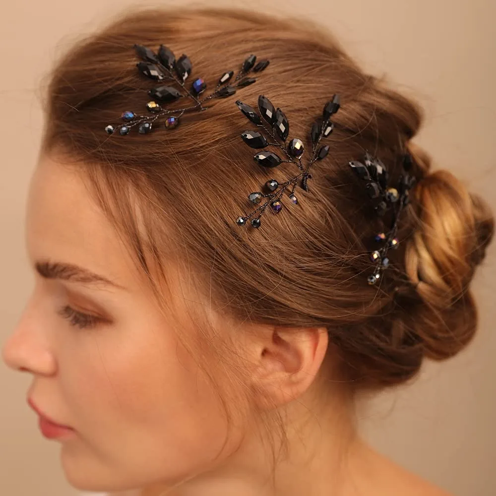 

Свадебные черные заколки для волос со стразами, женские свадебные аксессуары для волос с кристаллами, черные заколки для волос с кристаллами-каплями для женщин и