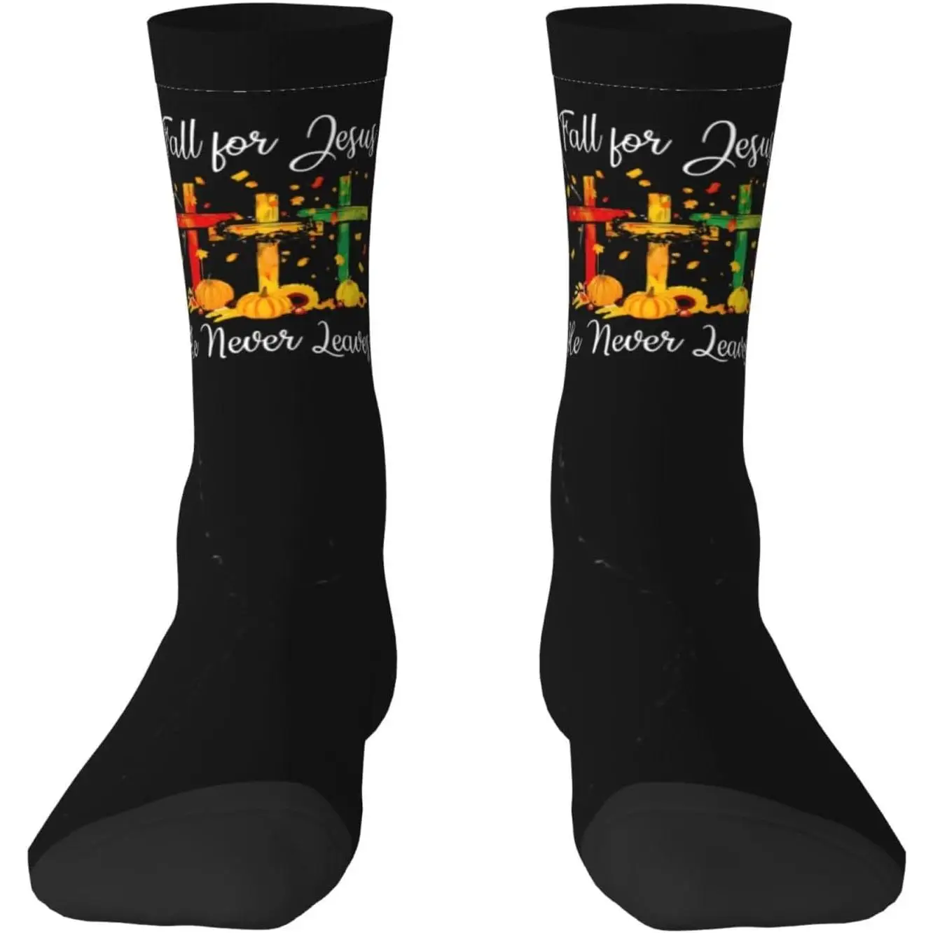 Men's Novelty Socks Fall for Jesus He never leaves Christian Cross Funny Crew Sock Casual Socks Gifts for Women