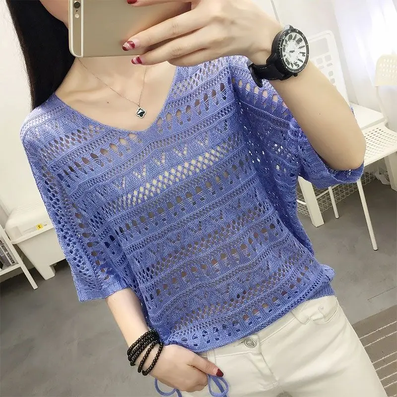 Hollow Out Knitwear for Women, Casual Tops, Simplicity, Office Clothes, Monochromatic, All-Match, Lady Fashion, Summer