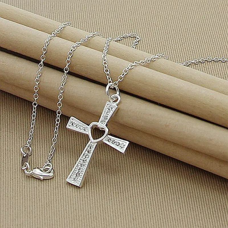 Faithful Grace 925 Sterling Silver Heart Cross Clear CZ Pendant Necklace Chain