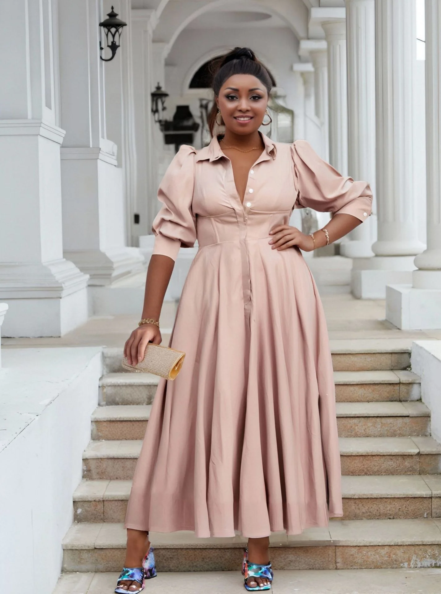 New elegant long-sleeved flared shirt dress for women, fashionable solid color long dress.