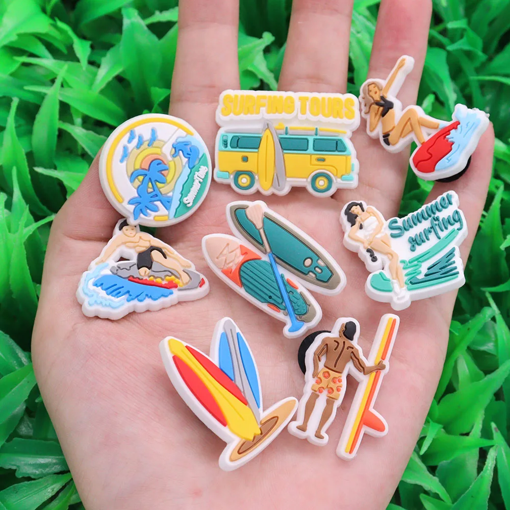 Mix 50pcs PVC Shoe Charms Summer Surfing Tours Boating Time Bus Man Woman Sandals Shoes Decoration Wristbands Party Xmas Gifts