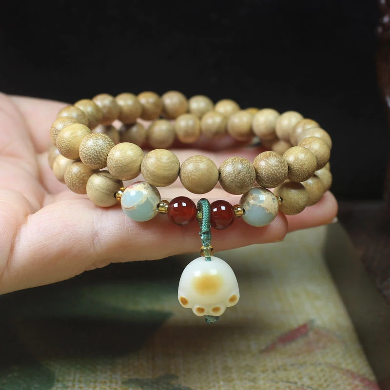 

Milky Wood 8mm Double Circle Bracelet with Charcoal Burned Cat Claw Design DIY Unisex Buddhist Bead Jewelry