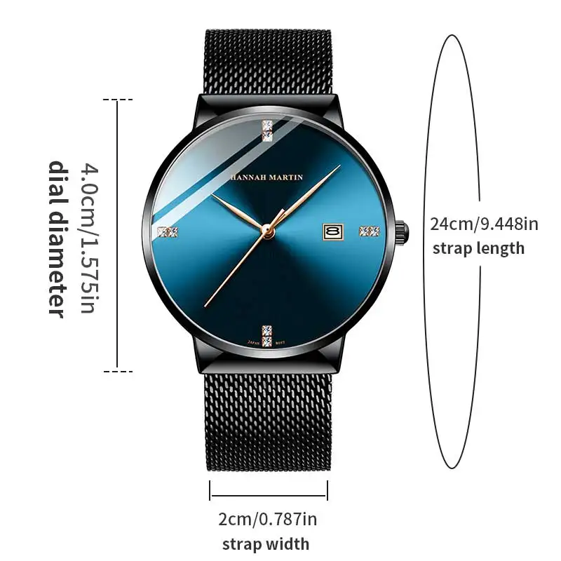 Japanese Original Quartz Movement Watch Luxury Rhinestone 40mm Blue Black Business Style Casual Fashion Stainless Steel Watches