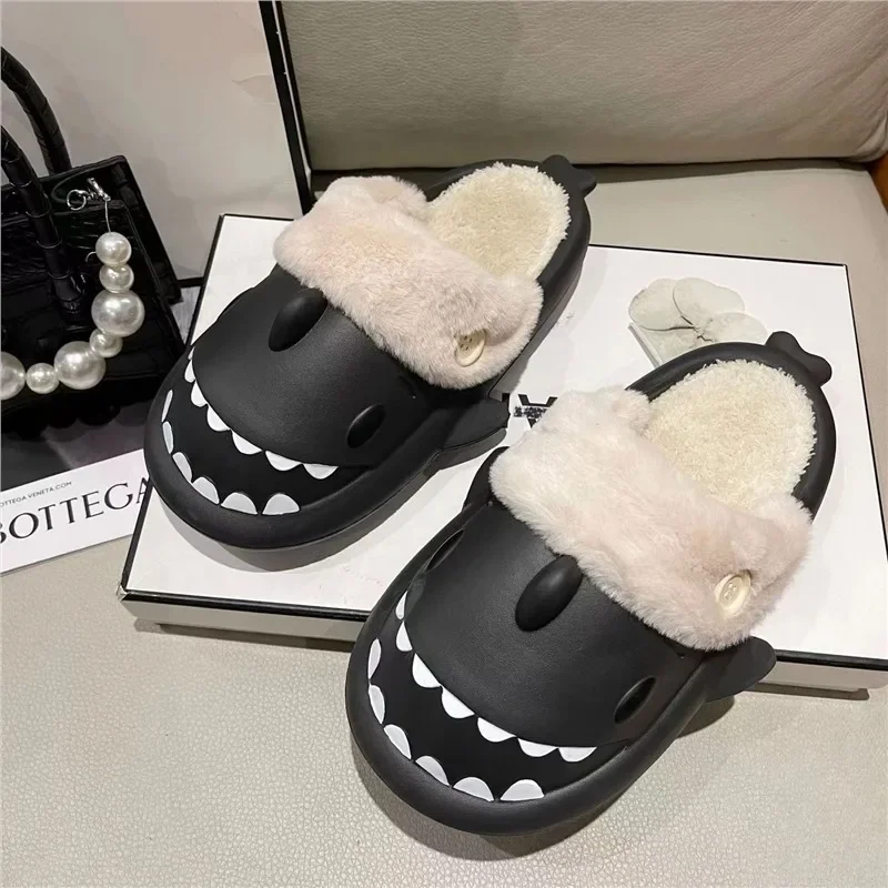 Men\'s & women\'s cute cartoon plush home thick bottom non-slip warm cover toe shark cotton slippers winter Indoor Outdoor Slides