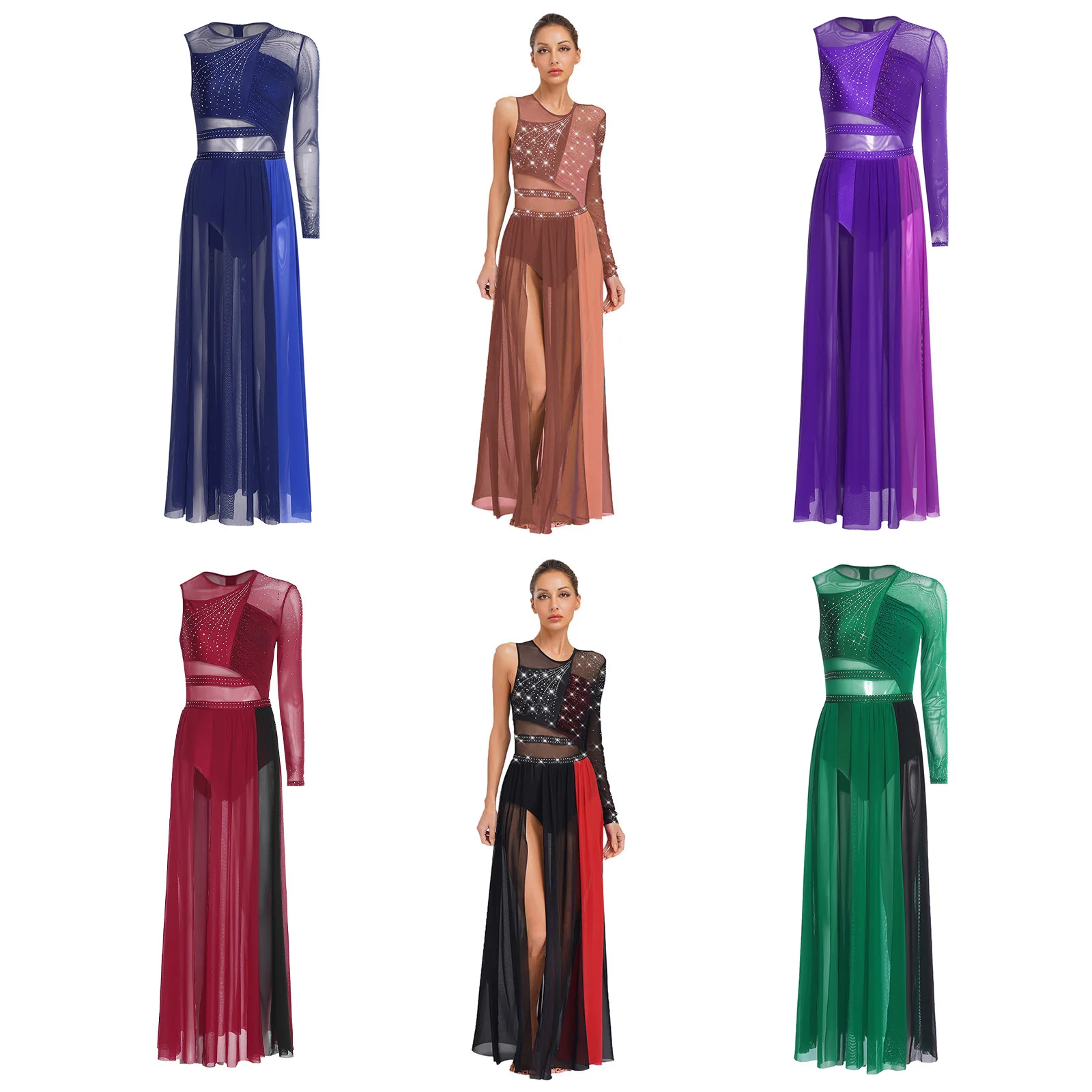 Women Modern Lyrical Dance Figure Skating Gymnastics Ballet Dress Shiny Rhinestones Split Sheer Mesh Leotard Dresses Dancewear