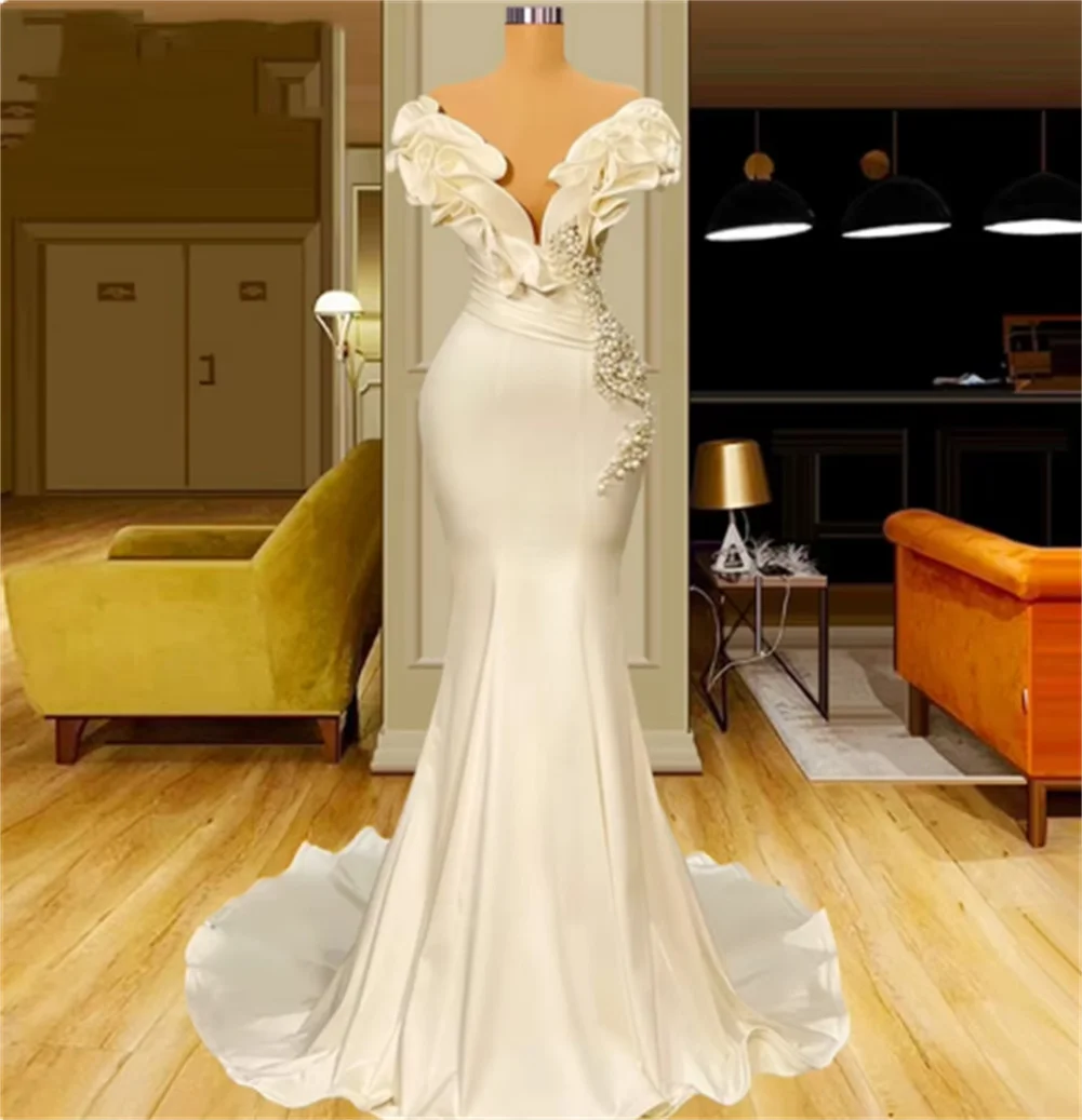 Vestido de novia largo de sirena con perlas y cordones en la espalda para mujer, vestido largo de satén sin mangas para fiesta de graduación, vestidos de noche plisados formales