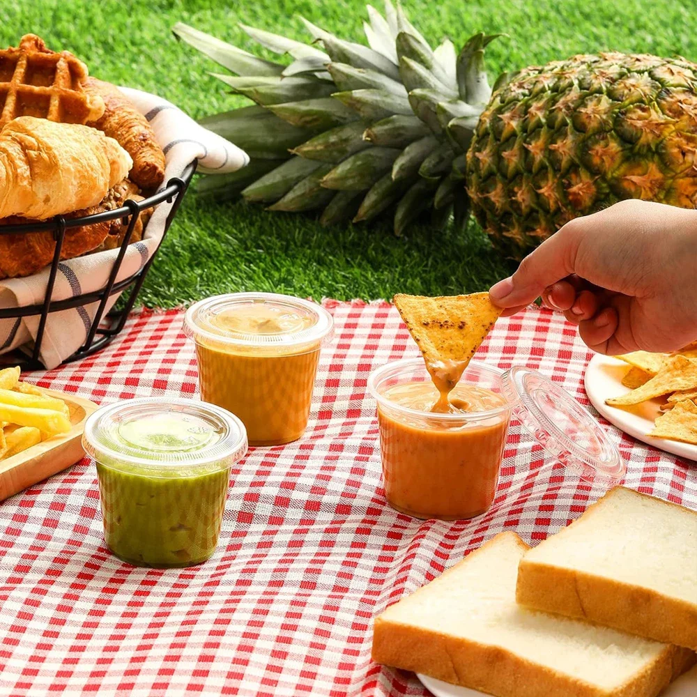 Portion Cups With Lids 5.5 oz Airtight, Stackable Souffle Cups, Salad Dressing & Sauce Containers for Lunch, Party, Trips 5